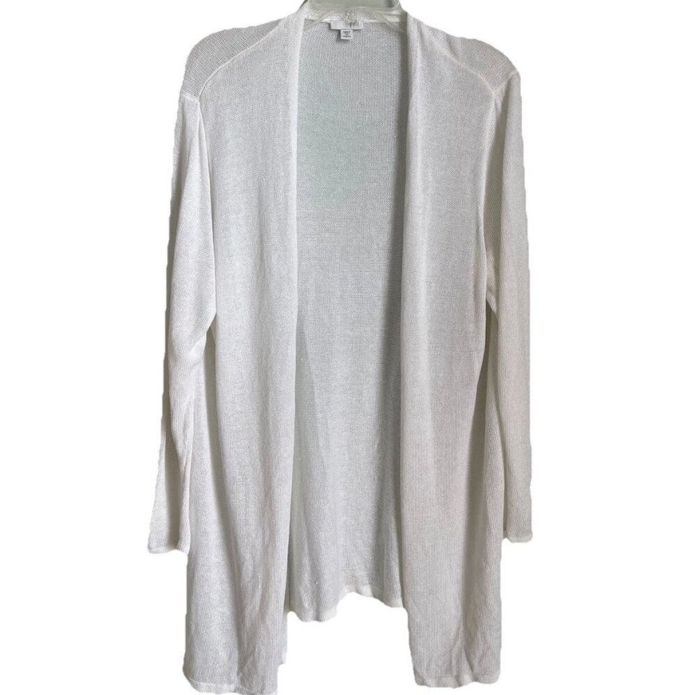 J Jill White Linen Blend Open Front 3/4 Sleeve Cardigan Sweater